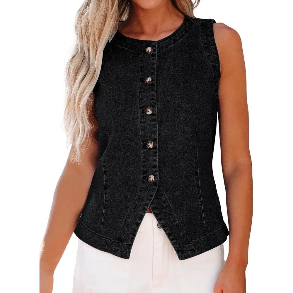 Women's Black Sleeveless Strechy Jean Vest Top Button Down Denim Vest Crewneck